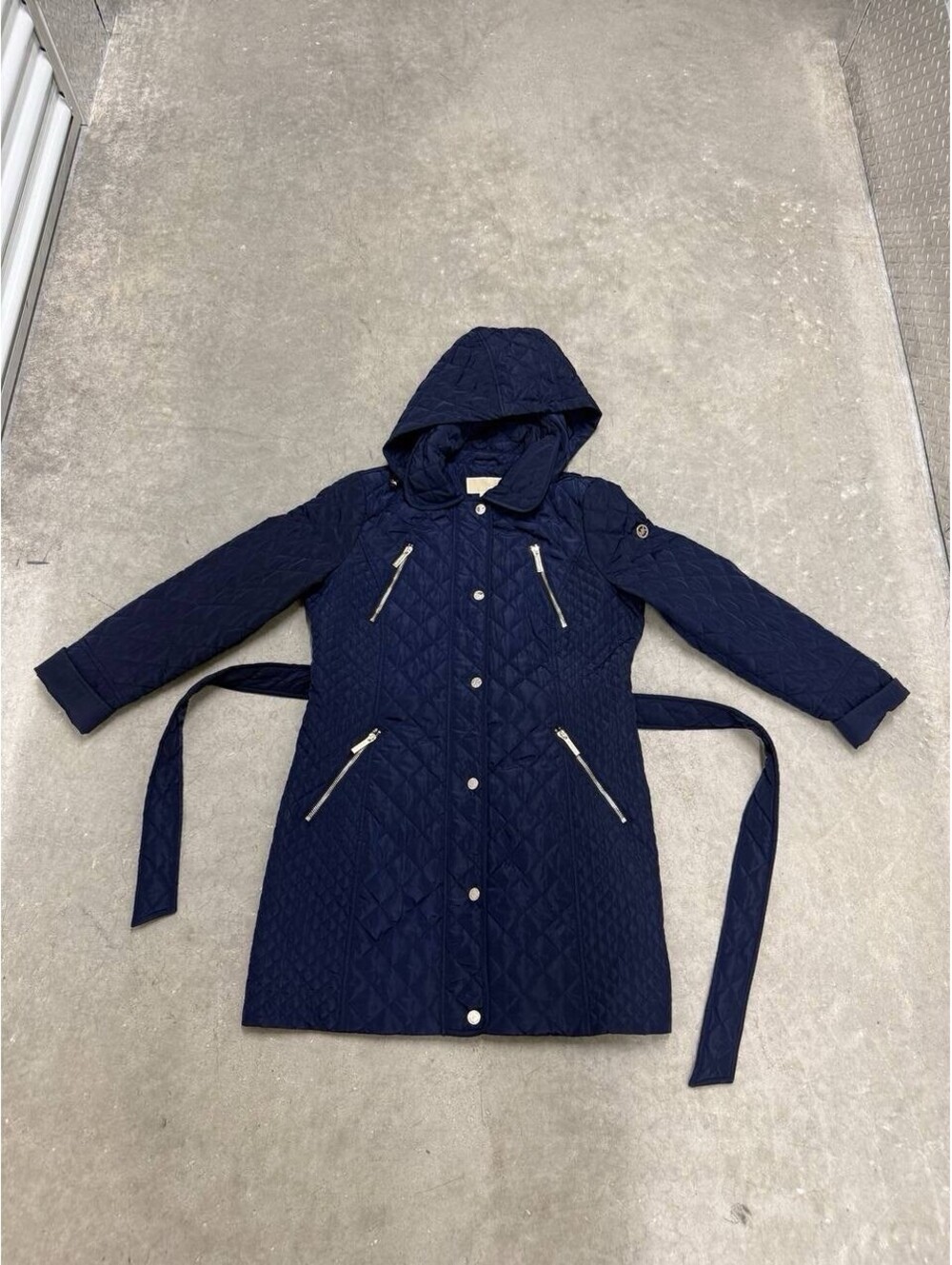 Michael Kors Women’s Quilted Coat Jacket Navy Blue Hooded Belted Size M